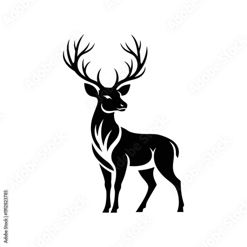 Majestic Stag Silhouette with Large Antlers, Deer Mascot Logo Illustration, Wild Forest Animal Vector for Outdoor Branding