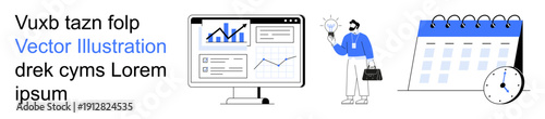 Data analysis, brainstorming, productivity, schedule planning, business growth, time management. A screen displays graphs, a person holds a bulb calendar with clock. Data analysis and brainstorming