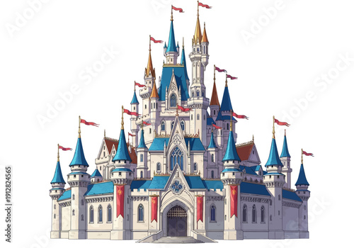 Large White Castle with Blue Roofs.