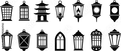Black Lantern Silhouette Vector Collection with Various Street Lamp and Garden Light Icons Isolated on White Background for Outdoor Lighting Design