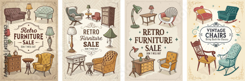 Colorful retro furniture sale posters showcasing vintage designs and styles.