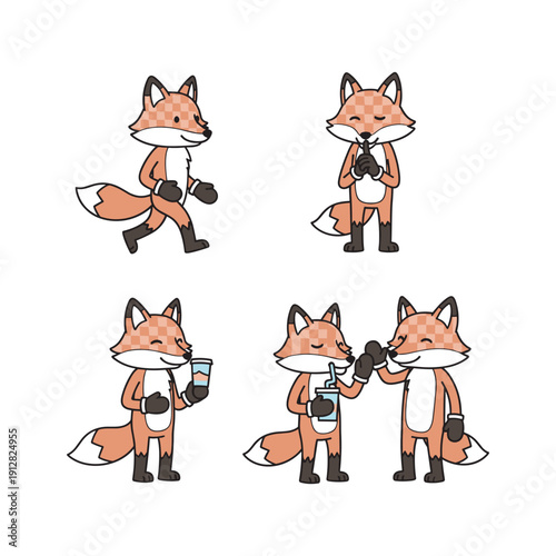 Cartoon fox photographer taking pictures with camera in various poses