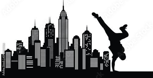 Silhouette of person performing one-handed handstand in front of city skyline with skyscrapers, symbolizing urban energy, street performance, and dynamic motion.