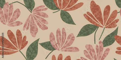 A serene floral pattern featuring stylized flowers and leaves on a soft beige background from a top-down viewpoint