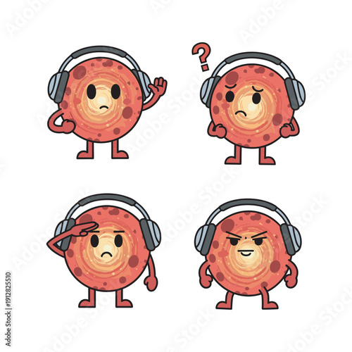 Cartoon cell character with different emotions wearing headphones in various poses