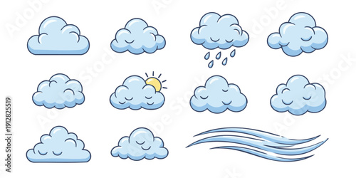 Collection of cartoon cloud shapes with varying expressions and weather conditions, illustration, white background, top view