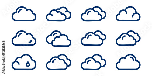 Collection of Simple Cloud Icons Representing Various Weather Conditions in a Grid Layout