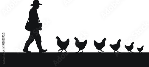 Silhouette of Farmer Walking with Chickens in Line – Black and White Vector for Agriculture, Poultry Farming, and Rural Lifestyle Scene Illustration