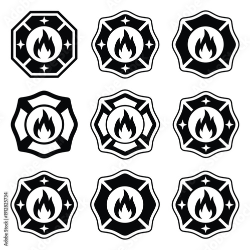 Grid of vector fire department logos featuring a flame in a maltese cross design.