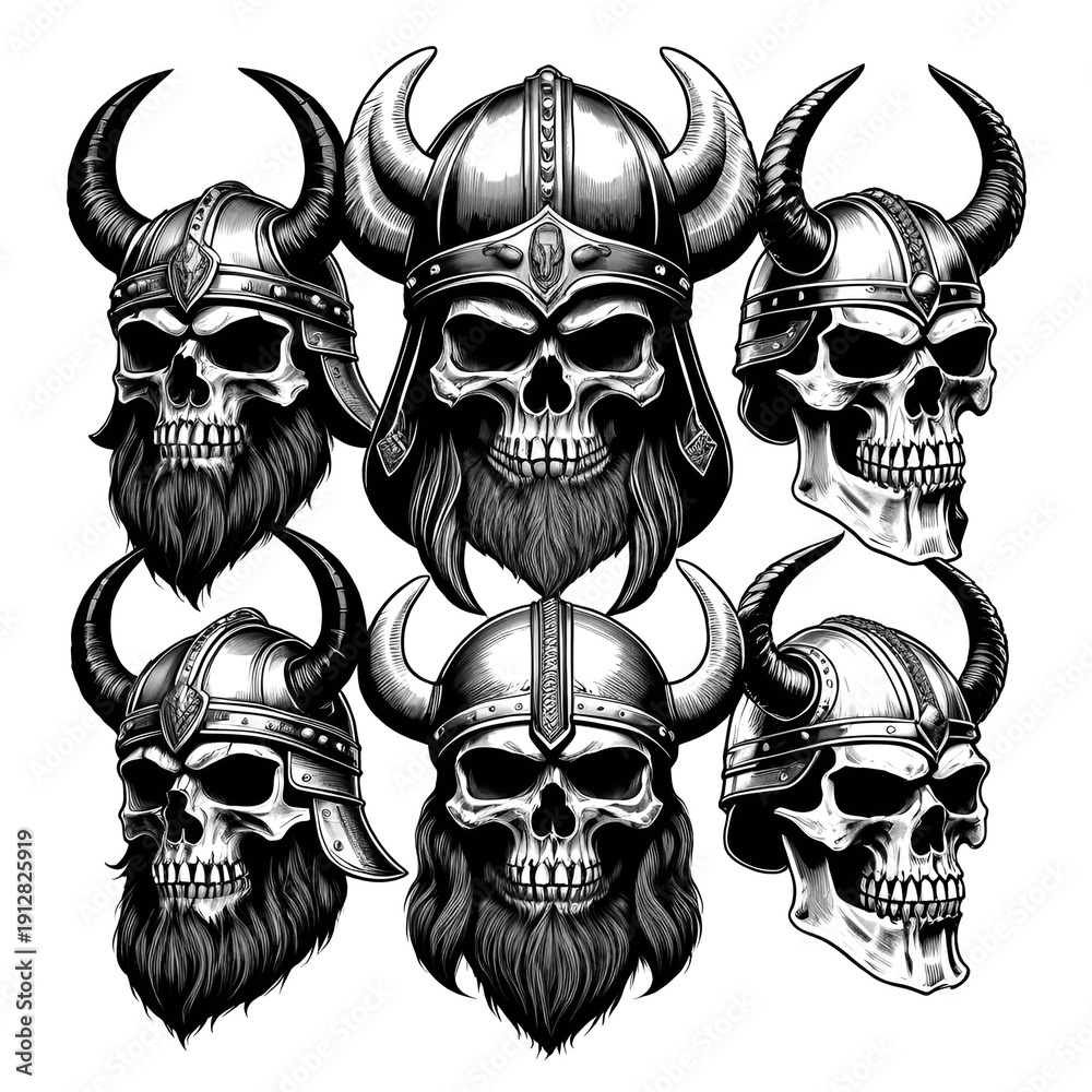 Fototapeta premium Black ink sketch viking skulls. Beared cranium in horns helmet armour, dead bone head human remains, ancient norseman raiders marauders scandinavian norse berserker living corpses zombies avatars