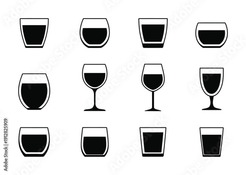 Collection of vector icons featuring a variety of glassware designs in black and white