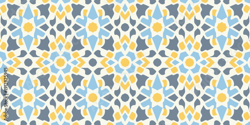 Repeating pattern of geometric shapes and floral motifs in a symmetrical arrangement viewed from directly above