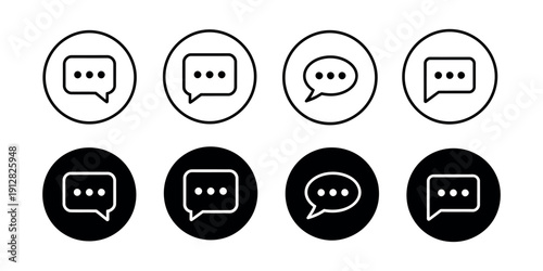 Chat Bubble and Communication Icon Set featuring a variety of speech bubble shapes and message symbols in a clean line art style, perfect for social media apps, customer support interfaces, and websit