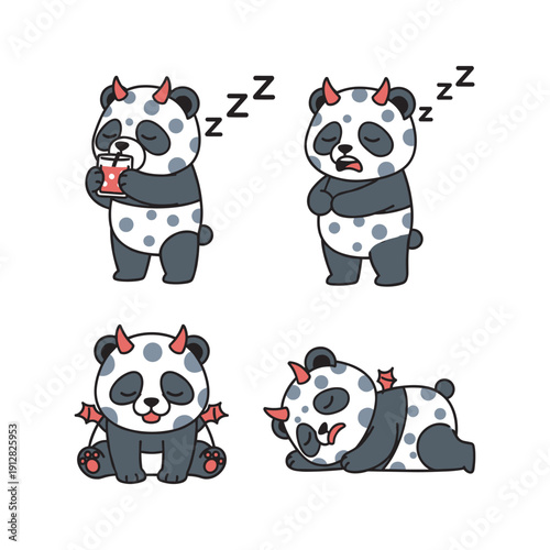 Cute cartoon panda with devil horns in various sleepy poses on white background