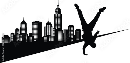 Silhouette of acrobat performing one-handed handstand on slanted surface against city skyline, symbolizing urban movement, street performance, and dynamic energy.