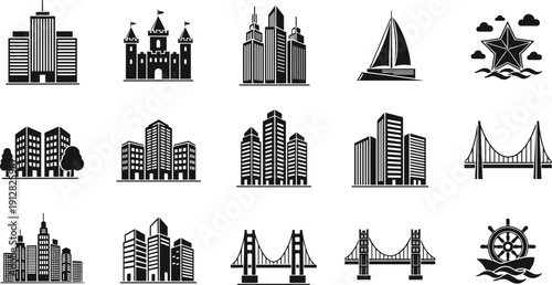 Grid of black-and-white vector icons featuring urban buildings, bridges, sailboats, and nautical symbols, ideal for city planning, travel, and maritime design themes.