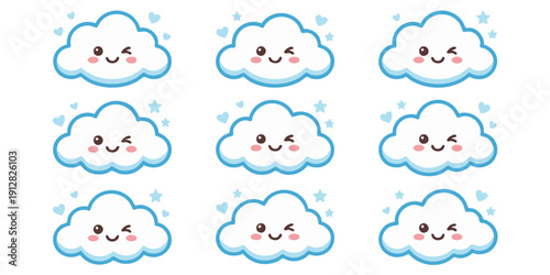 Collection of cartoon clouds with smiling faces and rain drops arranged in a grid pattern on a clean background viewed from directly above