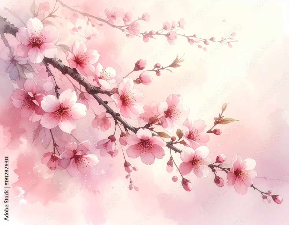 Fototapeta premium Pastellfarbene Kirschblüten im Aquarellnebel