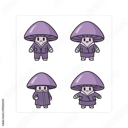 Cartoon mushroom characters in purple robes standing on white background with copy space