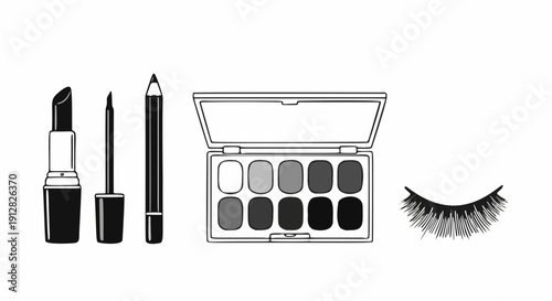 Minimalist Line Art Makeup Icons with Lipstick Eyeliner Palette and Lashes