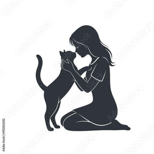 A woman gently interacts with a cat in a tender silhouette