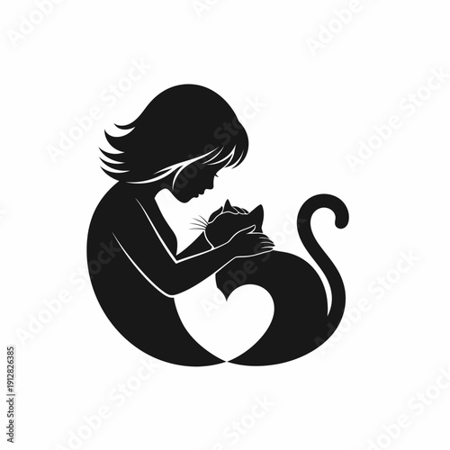 A silhouette of a young girl gently cradling a cat in her arms