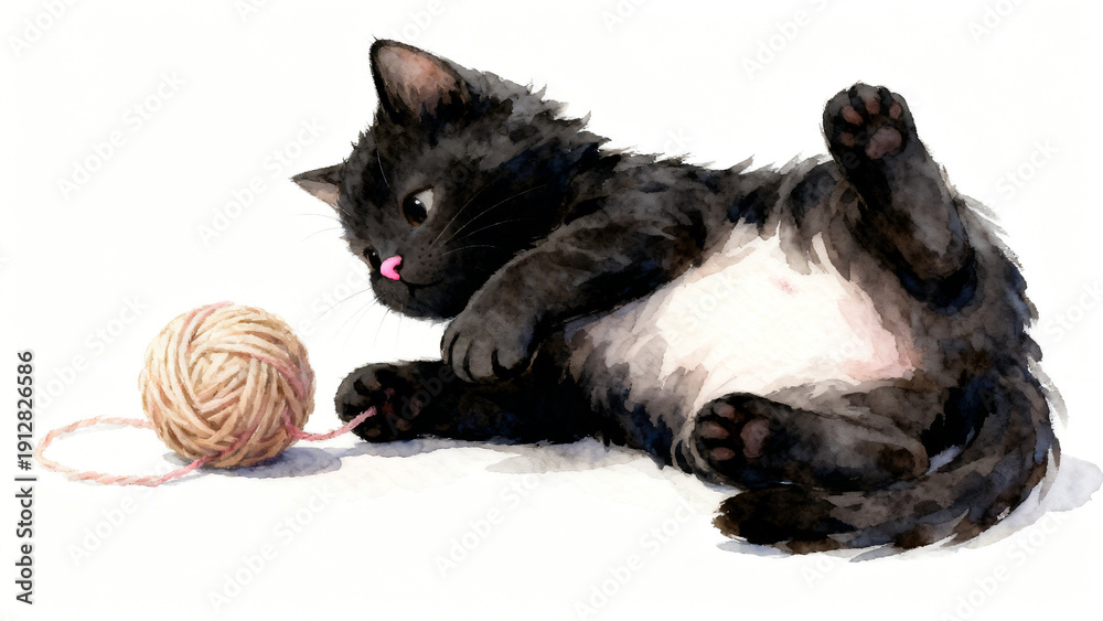 Fototapeta premium The Soft Chaos of a Kitten and a Ball of Yarn