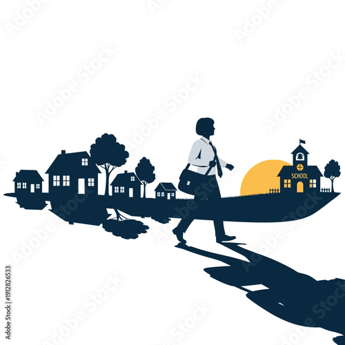 A silhouetted businessman walks along a landscape containing houses and a rising sun
