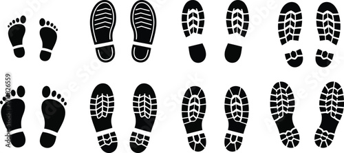 Black footprints and shoe prints on white background 1