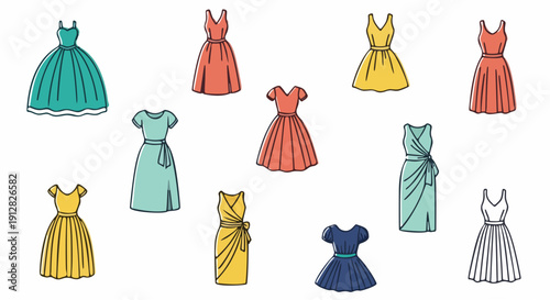 Colorful Women Dresses Collection Flat Vector Illustration Set, Fashion Garment Outfits Isolated on White Background