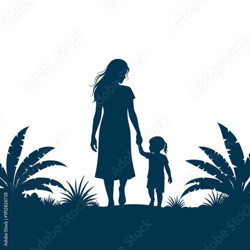 Silhouette of a mother and young child walking together outdoors