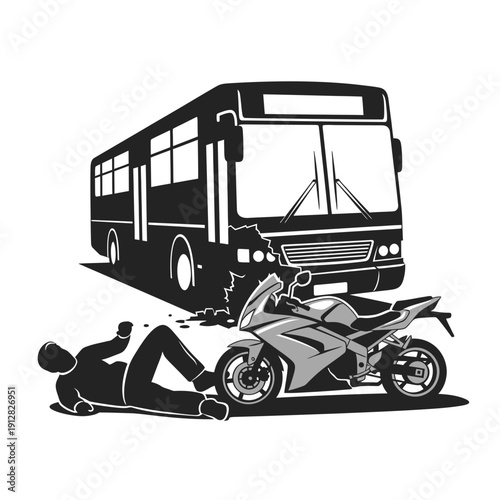 A motorcycle crash involving a bus with a rider lying on the ground