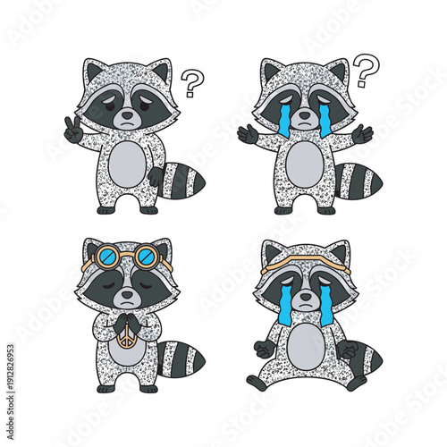 Cartoon raccoons expressing various emotions with question marks and tears