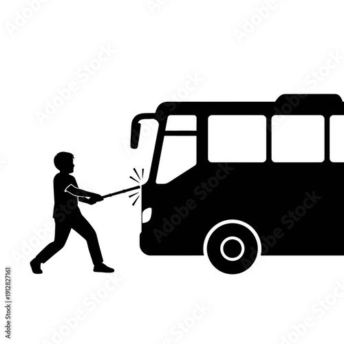 A person attempts to pull a large bus with a rope