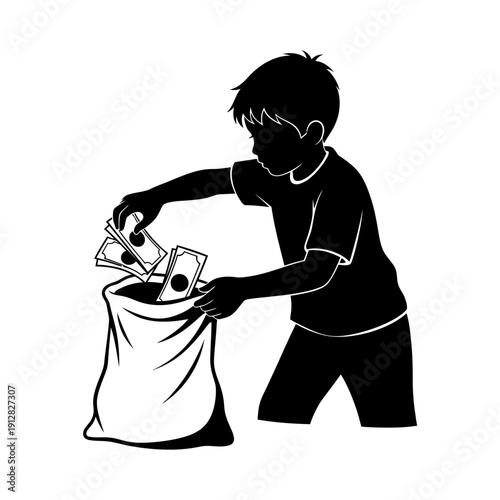 A boy is depicted filling a bag with stacks of money in a silhouette