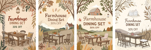 Cozy farmhouse dining set promotions with autumn-themed designs.