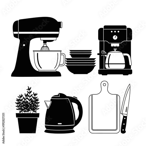 Black and white illustration of kitchen appliances and cooking items