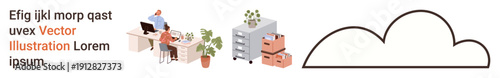 Workplace organization, cloud computing, team collaboration, office culture, storage solutions, business visuals. Employees at desks, plants boxes cloud shape. Workplace organization and cloud