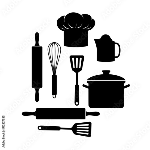 Culinary tools a chef s hat cookware and baking utensils in black