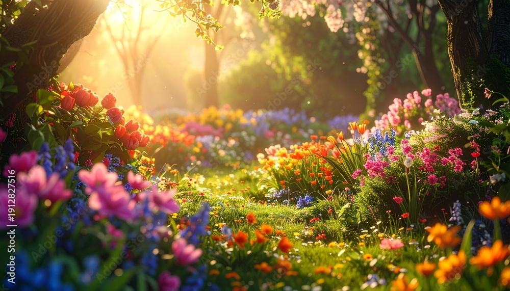Obraz premium Sunlight shines through trees over colorful flowers in a garden during springtime in the morning