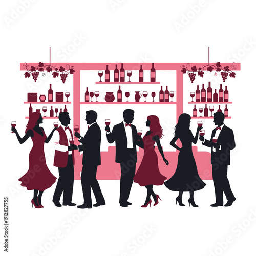 Elegant silhouettes of people enjoying drinks at a stylish bar