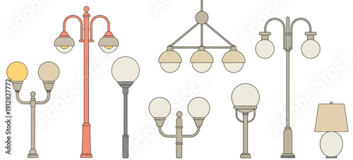 Modern and Classic Lamp Collection featuring a versatile set of street lights, floor lamps, and desk lighting with vibrant colored accents, perfect for interior design and urban planning graphics.