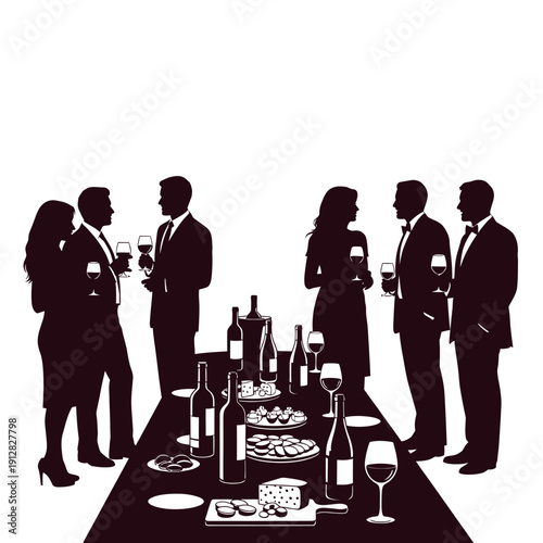 A group of people socializing at a cocktail party with drinks and appetizers
