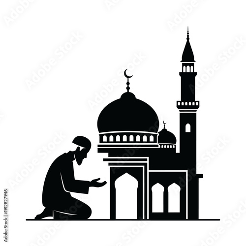 Black silhouette of a mosque and a muslim man praying