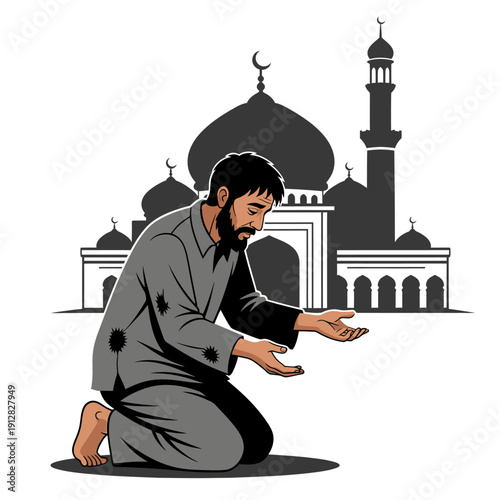 A muslim man kneels in prayer before a grand mosque illustration