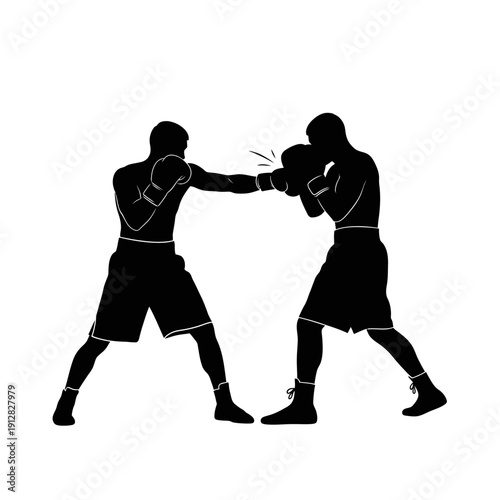 Two silhouetted boxers engaged in a dynamic fighting match showcasing intense action