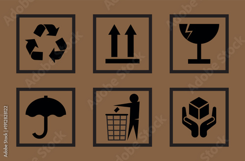 Six black shipping and handling symbols in square frames on a brown background vector, including recycle, this side up, fragile, keep dry, dispose of waste, and handle with care icons.