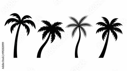 Palm Tree Styles Vector – Set of Four Stylized Tropical Silhouettes Featuring Varying Leaf Shapes for Nature, Travel, and Coastal Design Projects