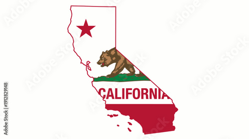 California Flag Map Vector – Stylized State Silhouette Featuring Bear Flag Design with Red Star, Grizzly, and Bold Typography for Regional Identity and Graphic Projects