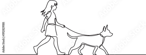 Continuous One Line Girl Walking with Dog | Minimalist Pet Companion One Line Drawing Vector.